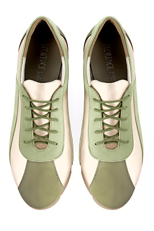 Khaki green and gold women's three-tone elegant sneakers. Round toe. Flat rubber soles. Top view - Florence KOOIJMAN